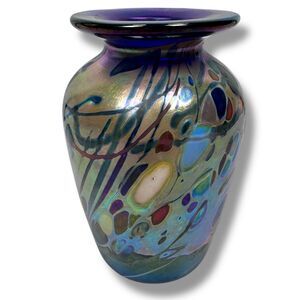 Rick Hunter Art Glass Vase Carnival Glass Cobalt Blue Gold Spots Swirls Colorful